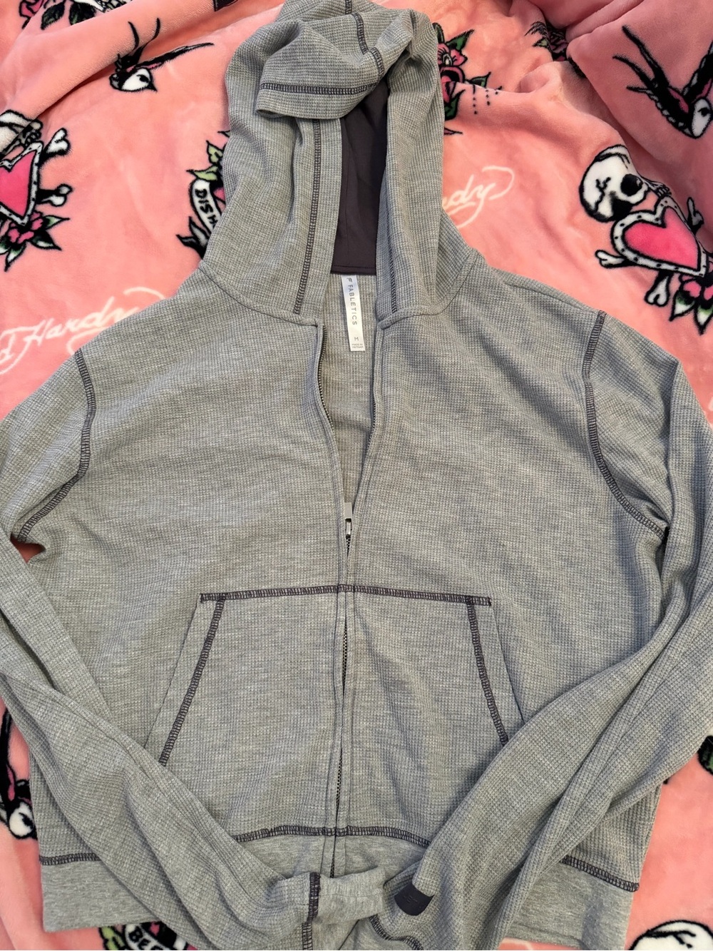 Fabletics Light Gray Waffle-Knit Zip Hoodie